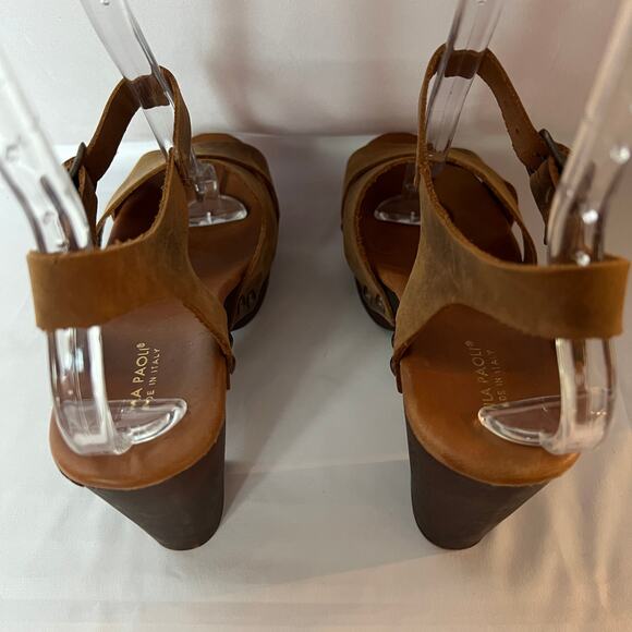 Mila Paoli Brown Distressed Leather Chunky Block Heel Sandals Size 8.5 - Picture 5 of 8